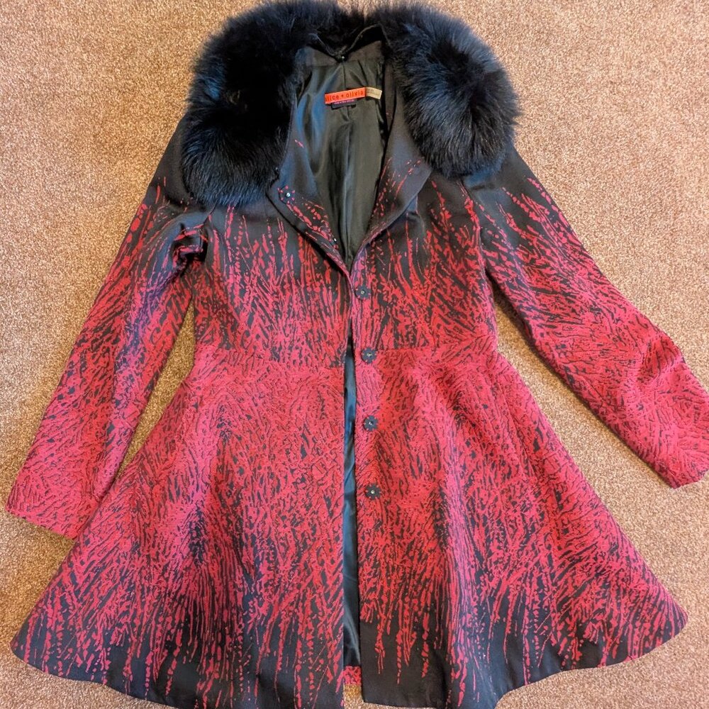 Alice + Olivia red coat with fox fur trim